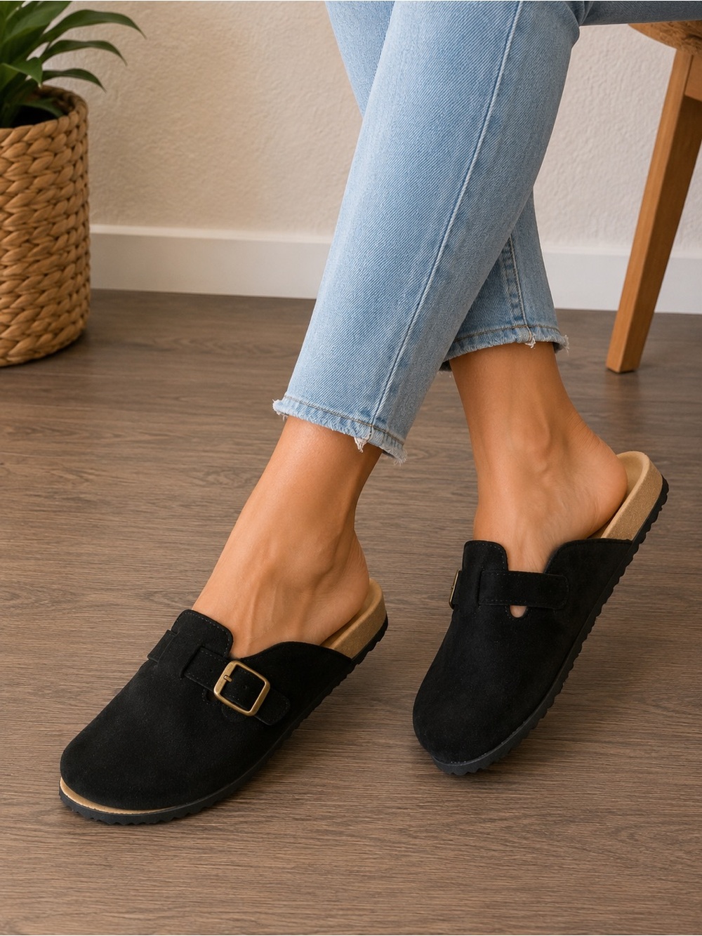 Black Suede Buckle Clog Mules Slip-On Sandals Size 38 NWOT